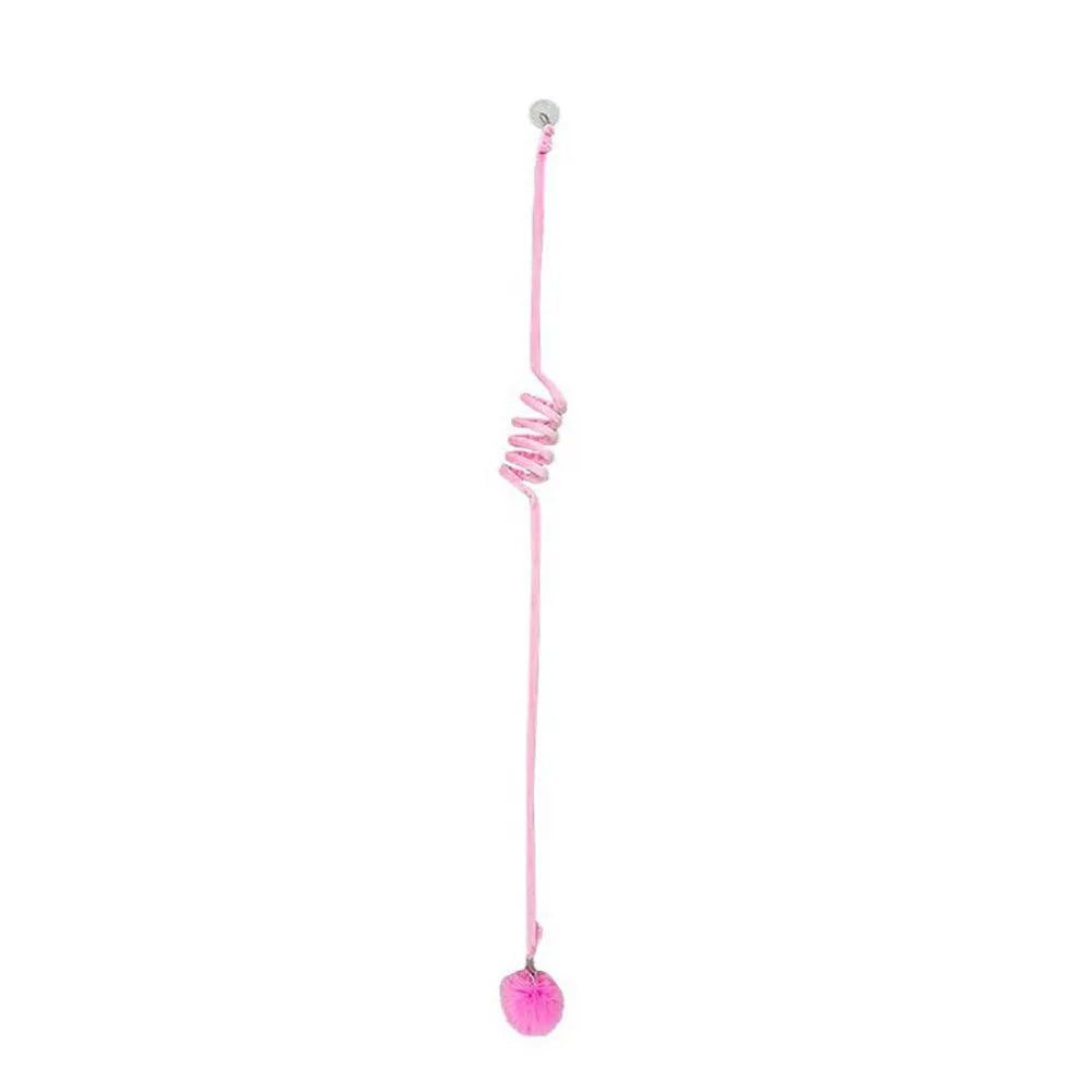Hanging cat toy with colourful spring bell stick and inflatable ball attached to clear suction cup