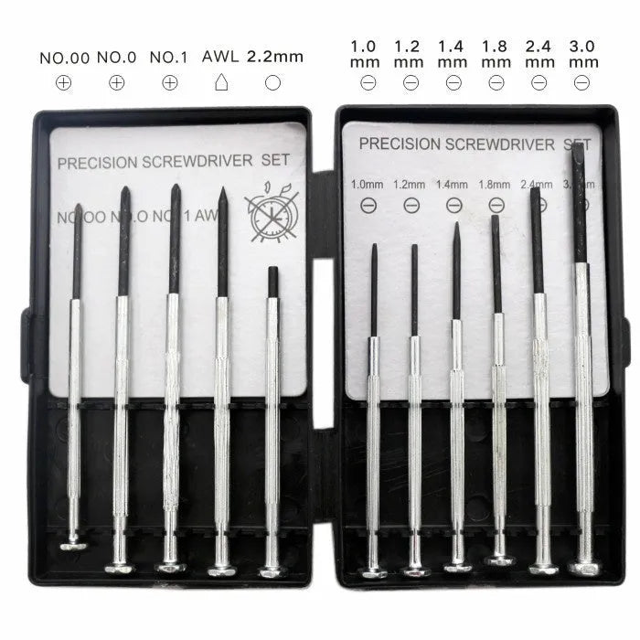 11-piece clock screwdriver set with multiple bit specifications for electronics repair