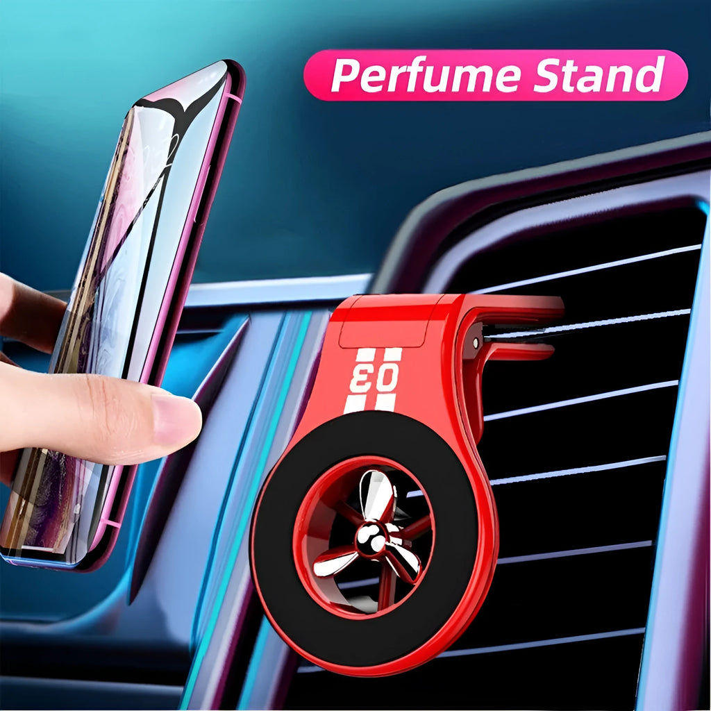 Magnetic car phone holder mounted on vehicle air vent with smartphone attached showing adjustable rotation mechanism