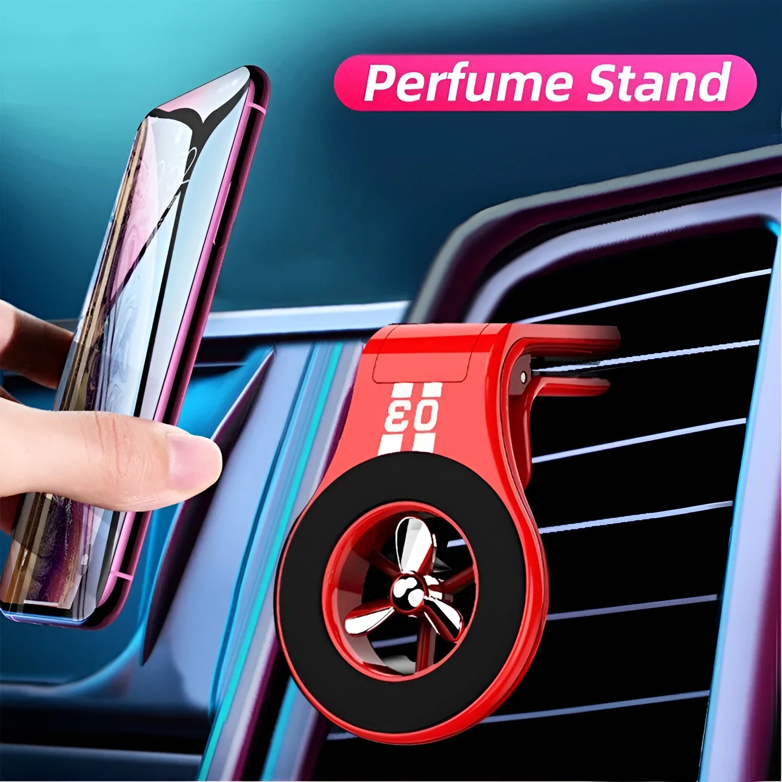 Magnetic car phone holder mounted on vehicle air vent with smartphone attached showing adjustable rotation mechanism