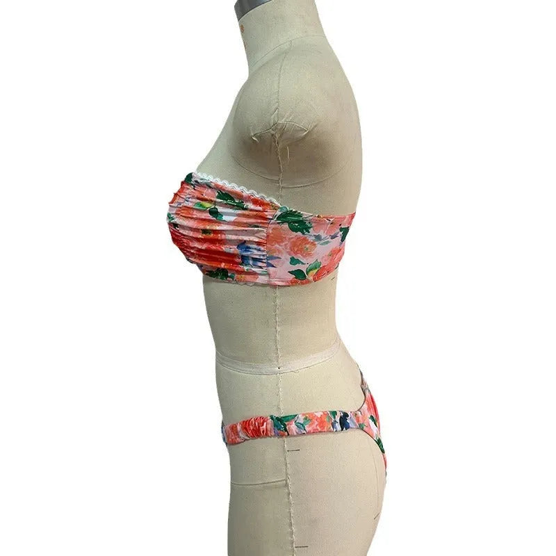 Women's floral print bikini set with lace tube top in blue, pink, yellow, or colourful options.