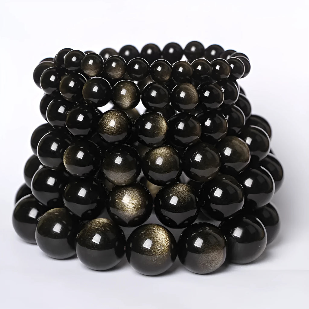 Hand-woven obsidian crystal bracelet couple set showing six colour variations with round beads