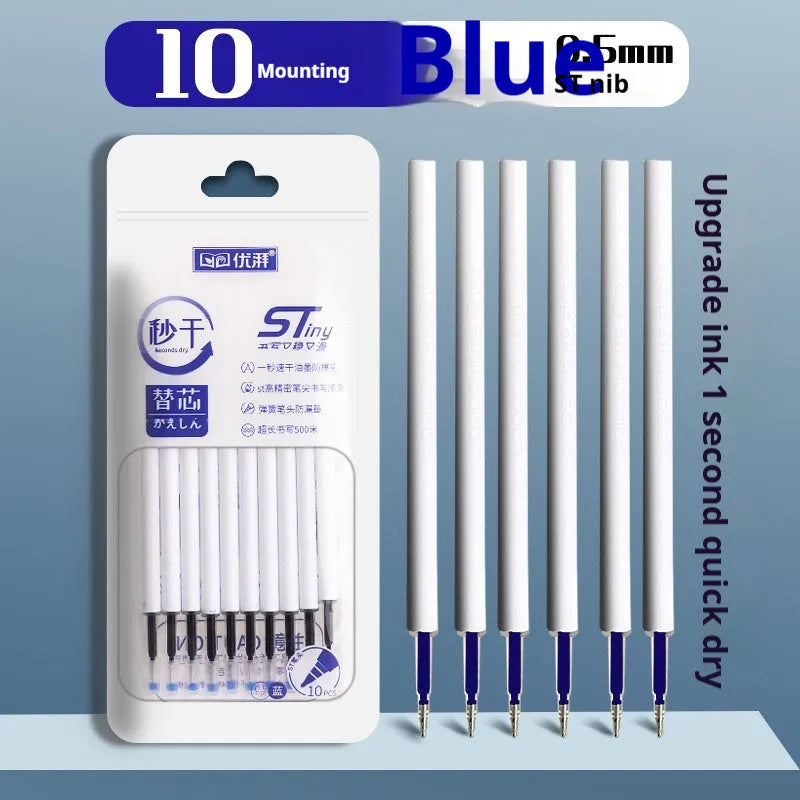 Four bullet pen refills showing black, blue, red, and ink blue ink colours with quick-drying technology