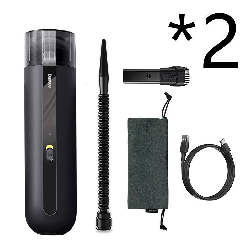 Baseus handheld cordless car vacuum cleaner in black, white, or green with blowing hose attachment.