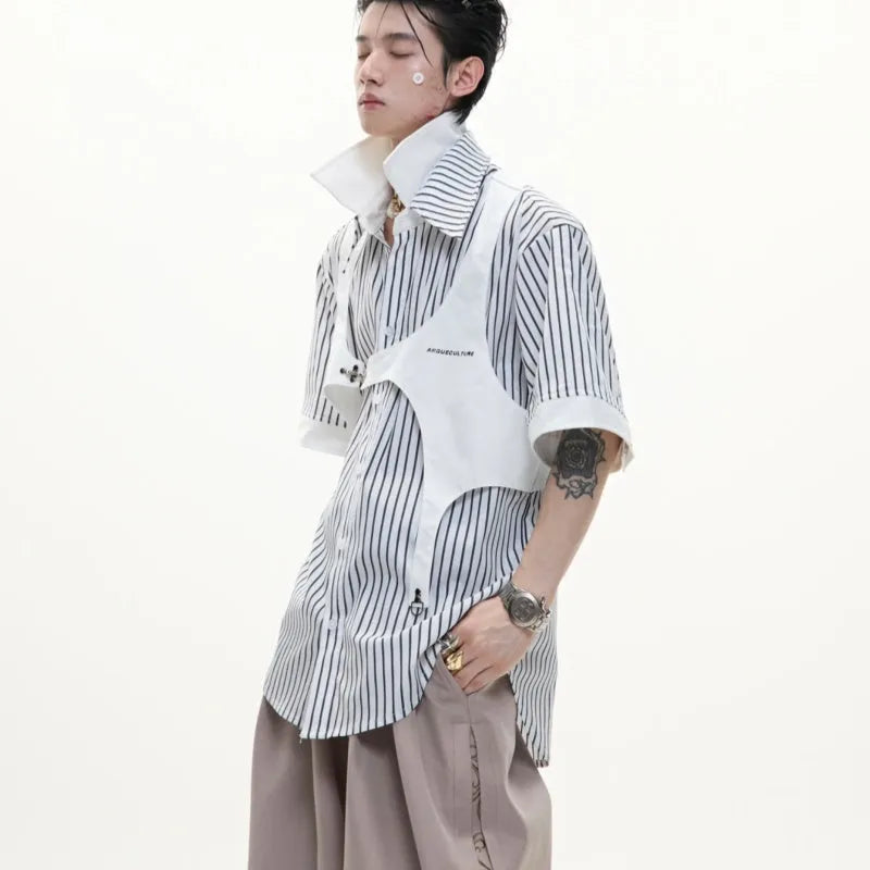 Men's black and white striped cotton shirt with double collar design and short sleeves