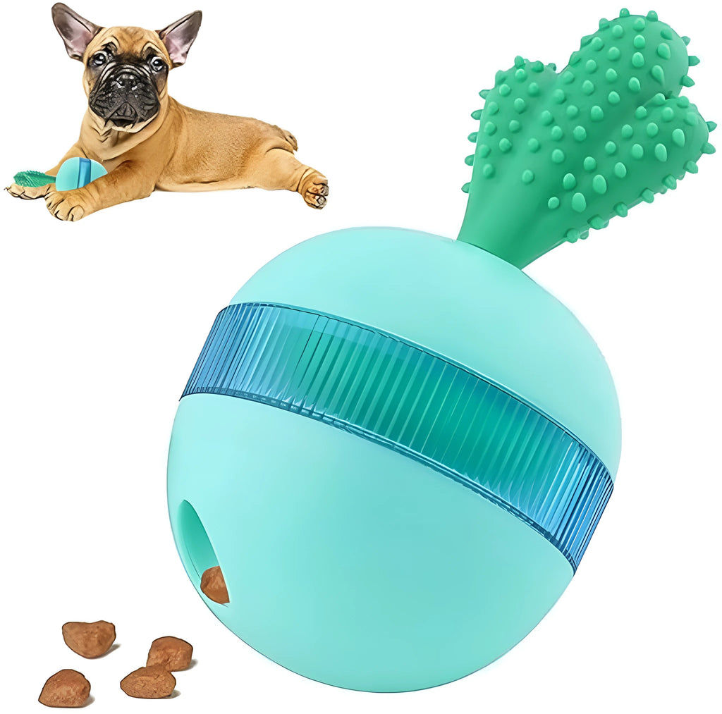 Blue or green durable rubber interactive dog puzzle toy ball with treat dispensing holes for medium and large dogs