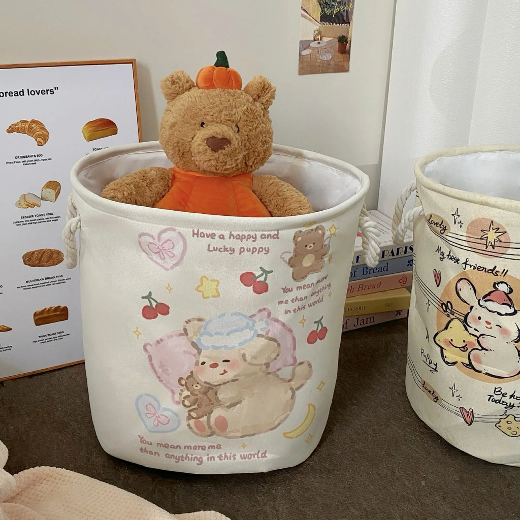 Foldable cotton cloth laundry basket with bear print design for bedroom storage