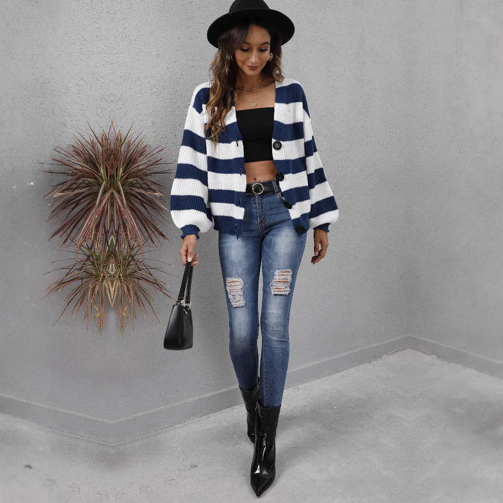 Women's striped deer plush cardigan in blue, black, brown, or dark green with button detail.