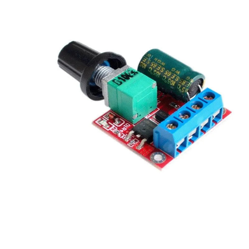 PWM DC motor governor for 5V-35V speed regulation with potentiometer knob and compact design