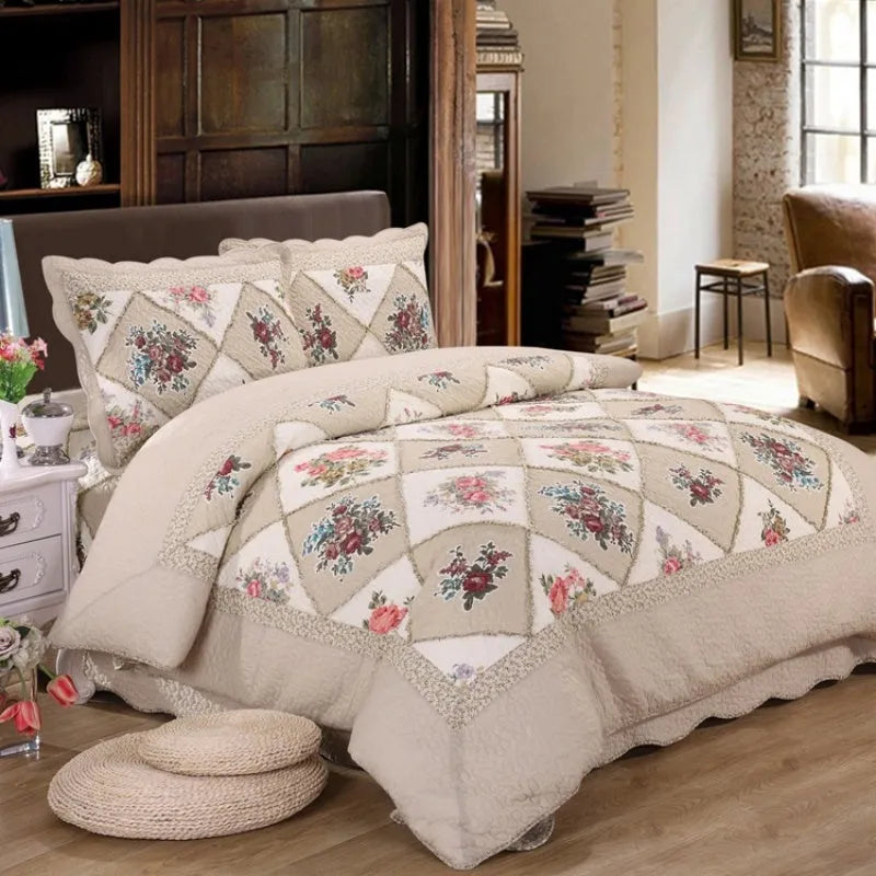 Pure cotton quilted bedspread three-piece set with pillowcases on a bed