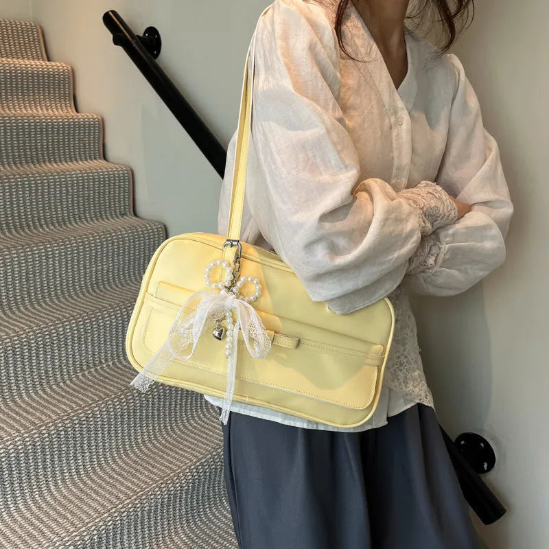 Women's horizontal square PU leather single-shoulder flap bag in a choice of colours with an optional silk scarf ornament.