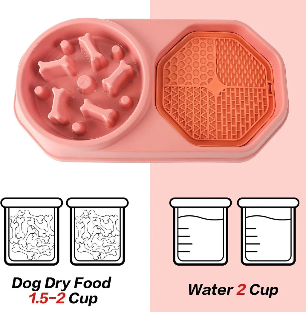 Blue slow feeder dog bowl with puzzle ridges and non-slip base, shown with dog kibble.