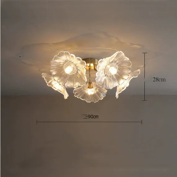 Simple modern flower ceiling lamp with 5 or 6 white or purple heads providing warm tricolor light for living room and bedroom