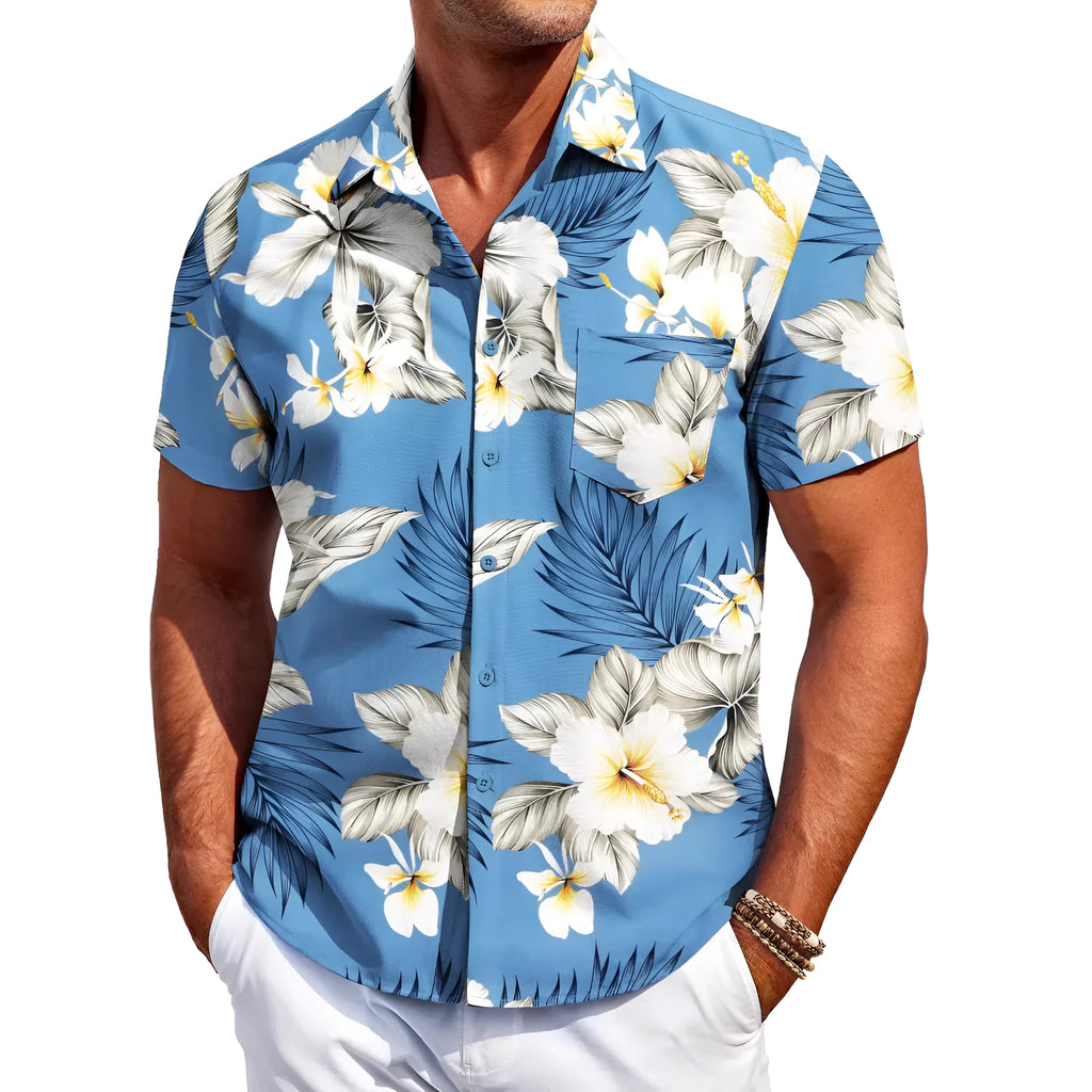 Men's slim fit cardigan-style short sleeve shirt in elastic polyester fabric