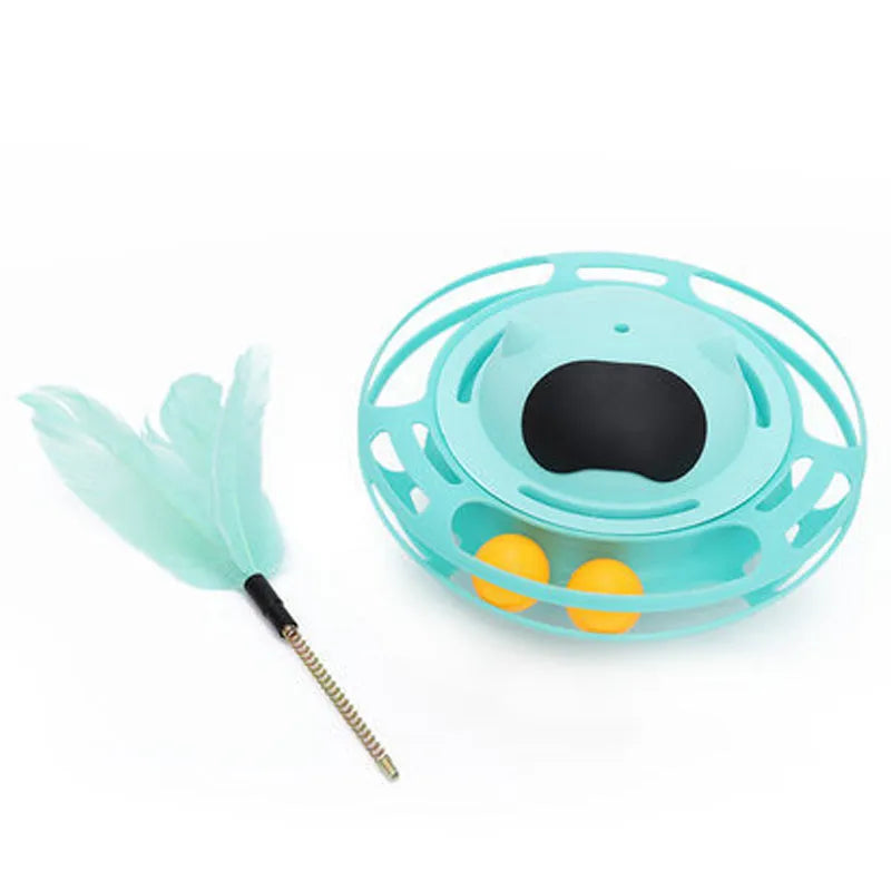 Pink cat tumble spinner toy with feather attachment measuring 17x10cm for independent feline play