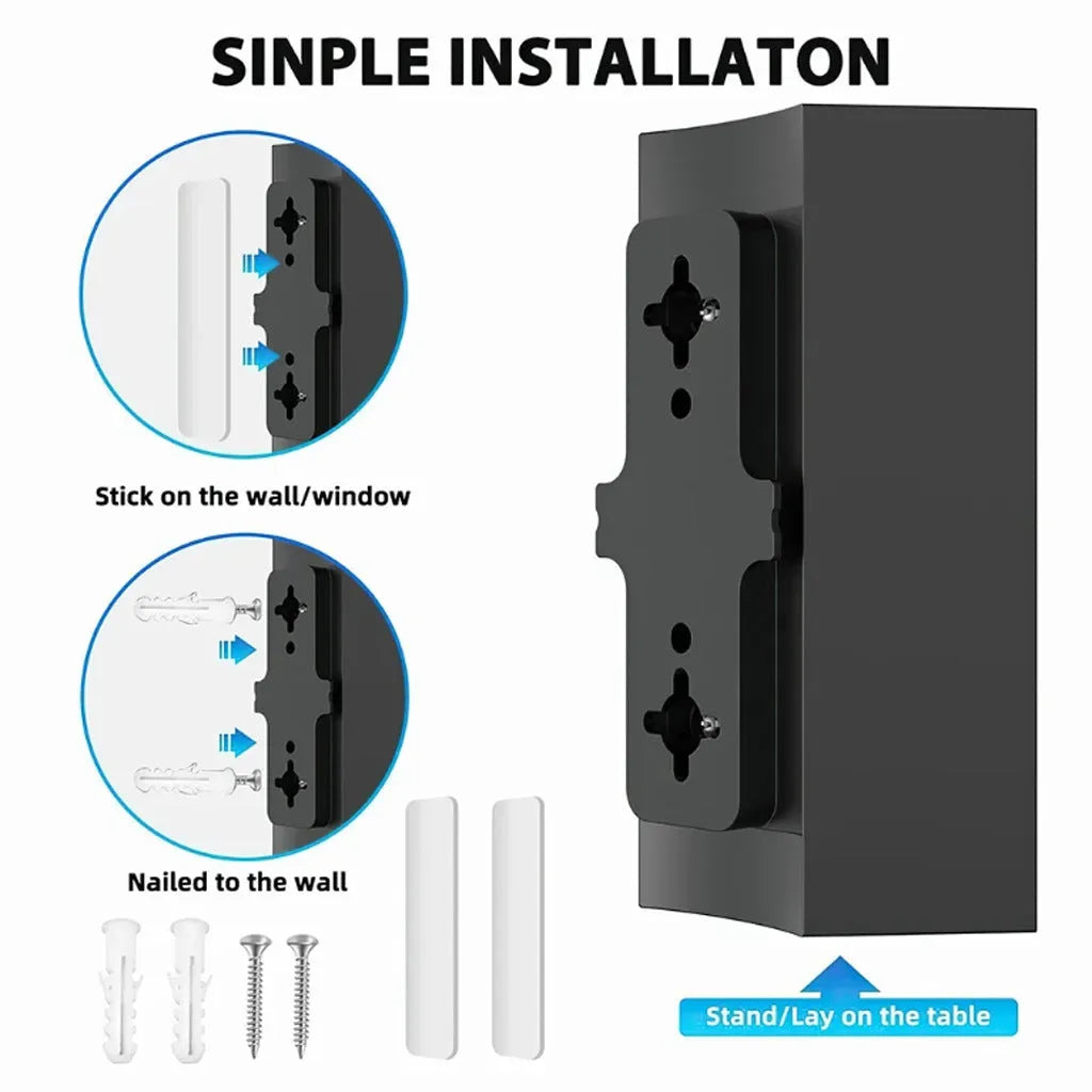 Black plastic HD digital television antenna with mounting screws and adhesive tape.