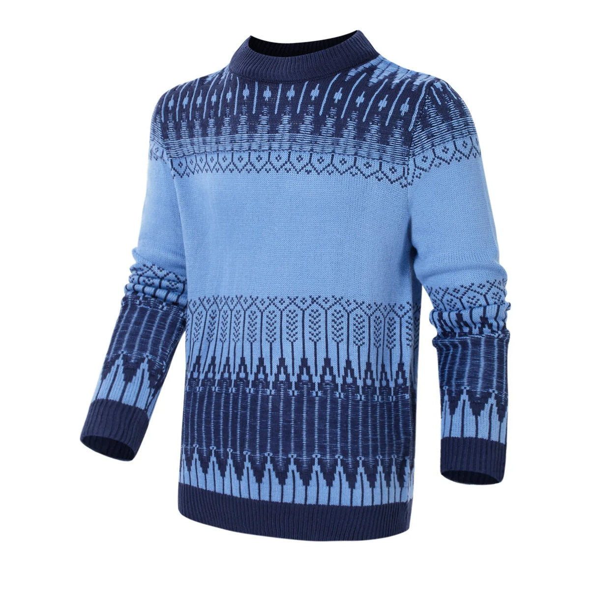 Men's grey knitted pullover sweater with crew neck and long sleeves on a hanger.