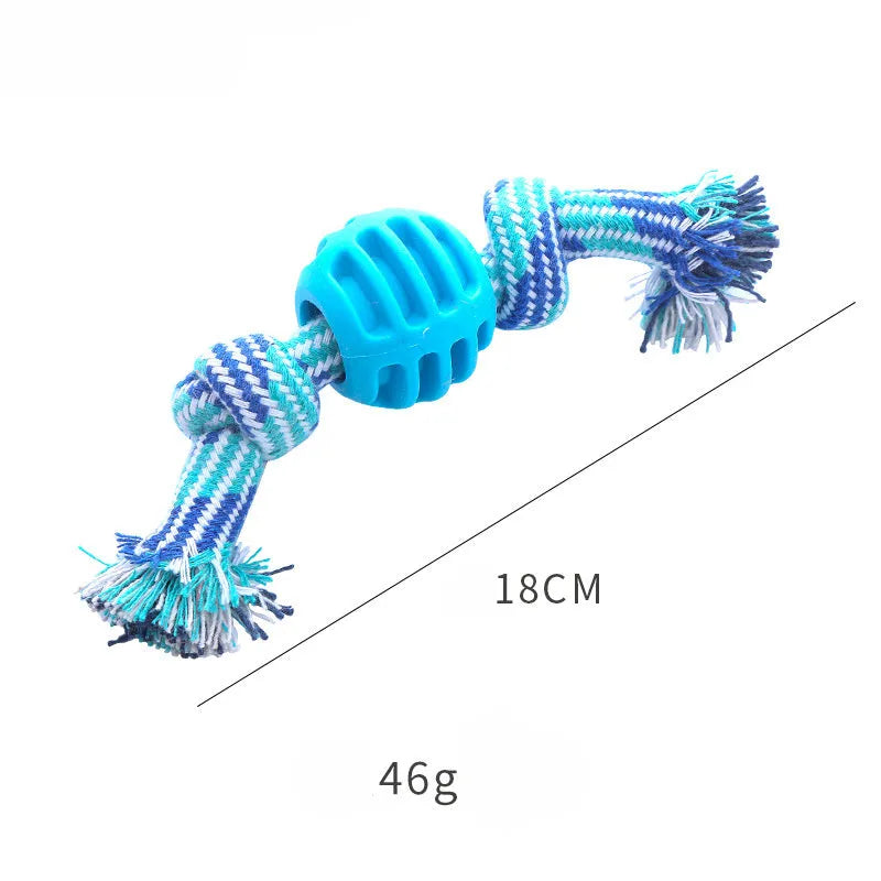 Blue dog chew toy with rope centrepiece for dental cleaning, approximately 9.5 cm diameter