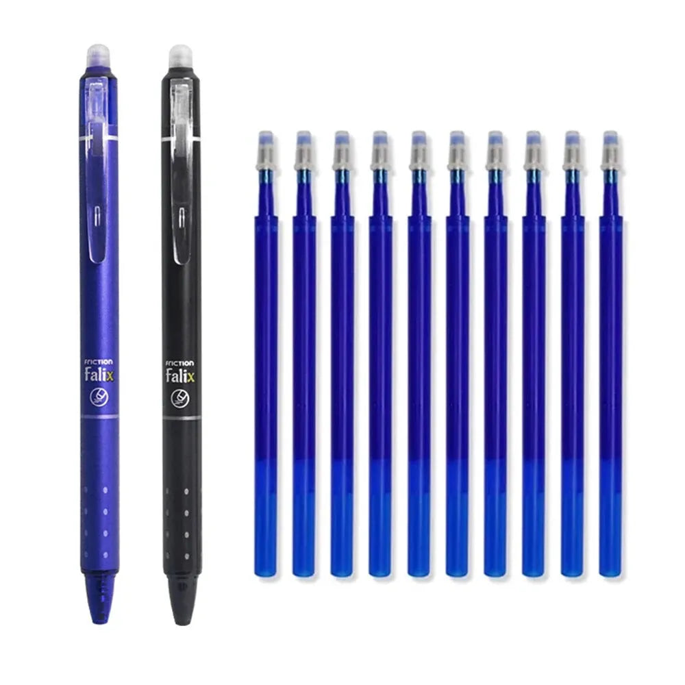 Blue and black hot erasable push gel pen with 0.5mm stainless steel nib for school students.