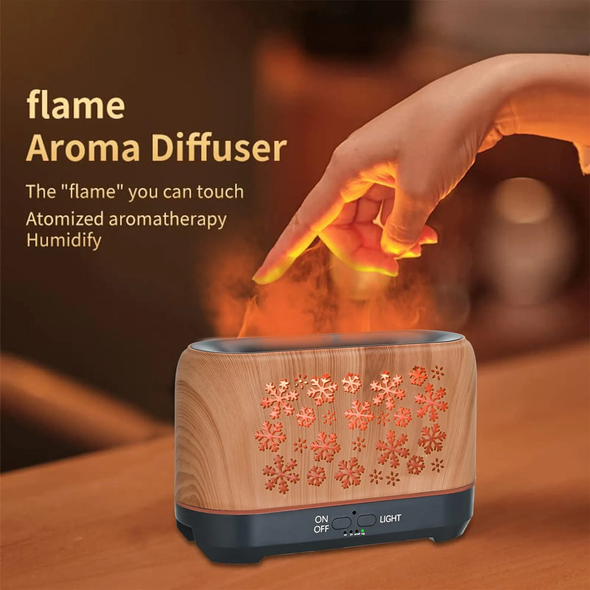 Square snowflake wood grain aromatherapy diffuser showing colourful flame effect mist and remote control on a desktop.