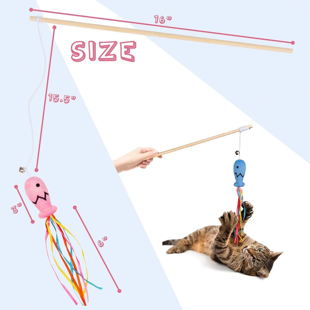 Wooden handle cat wand toy with catnip fish, colourful ribbons, and a bell for interactive play.