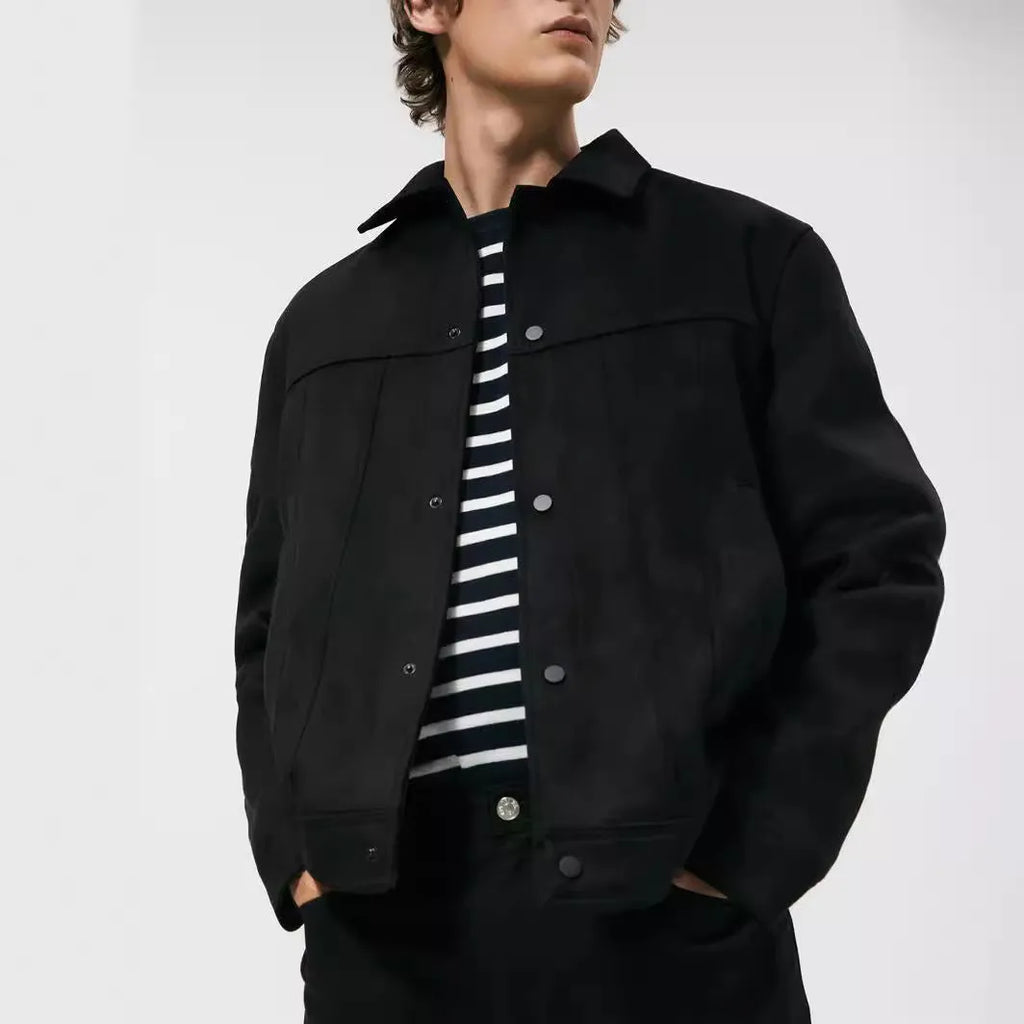 Men's black hooded jacket with suede collar showing side pockets and straight hem