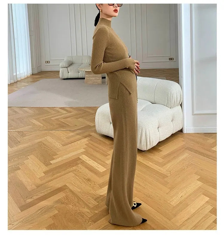 Women's apricot knitted three-piece set featuring wide-leg pants and a cardigan with leather stitching.