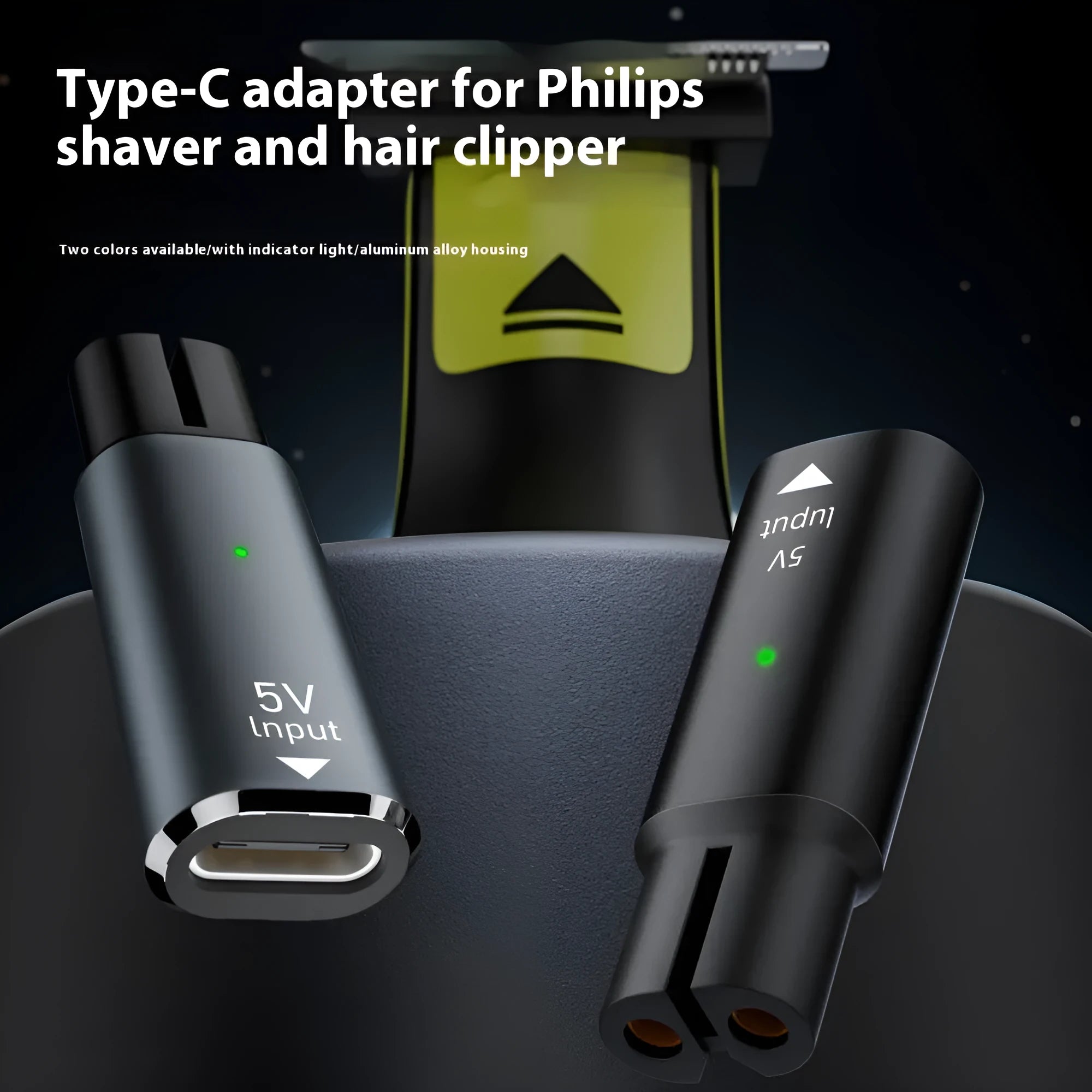 Black or grey USB-C charging adapter for electric shavers and hair clippers with aluminium alloy construction