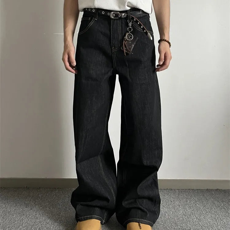 Black retro straight-leg jeans with loose wide-leg fit and mid-rise waist