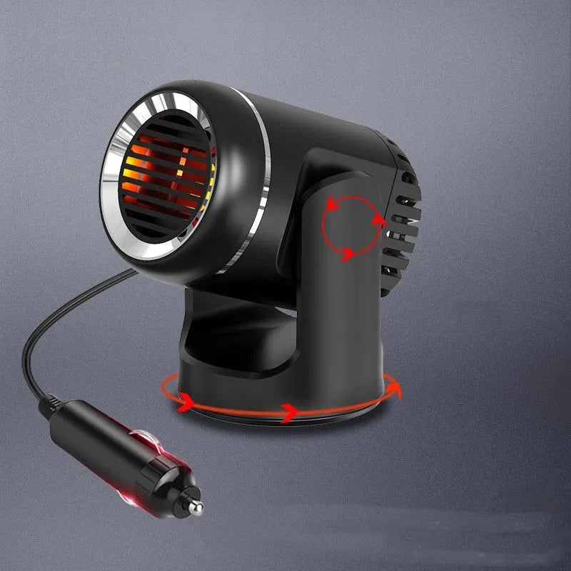Black and white portable 12V car heater with dual cold/warm function for defrosting windscreens