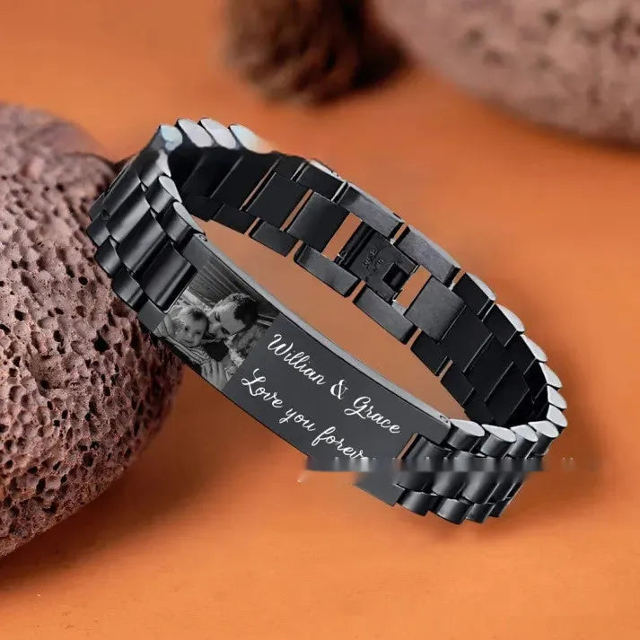 Titanium steel men's bracelet with curved heart shape and black lettering in UV picture gift box
