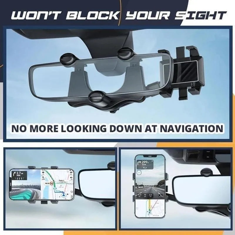Black rearview mirror phone holder with telescopic arm and four-claw phone grip mounted on a car mirror