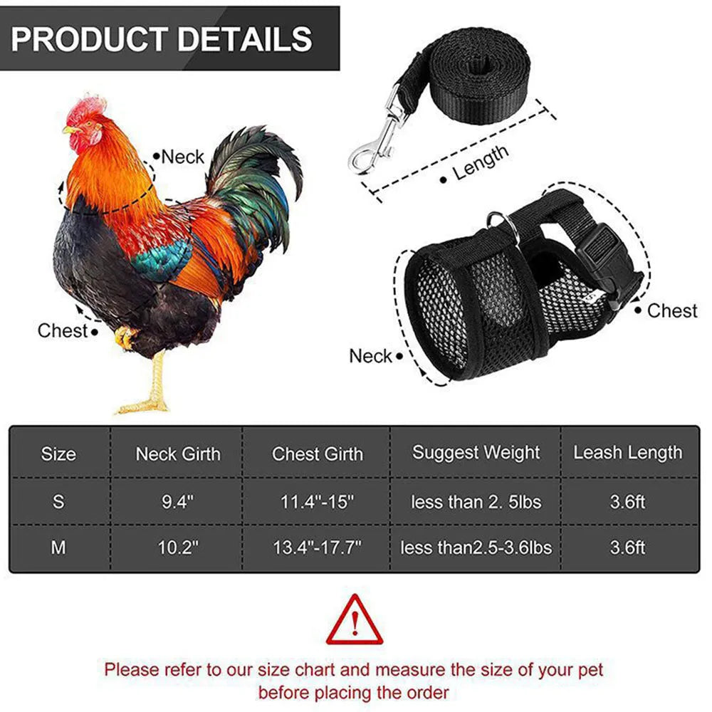 Poultry clothing set with chicken vest, matching collar and 110cm traction rope in multiple colour options