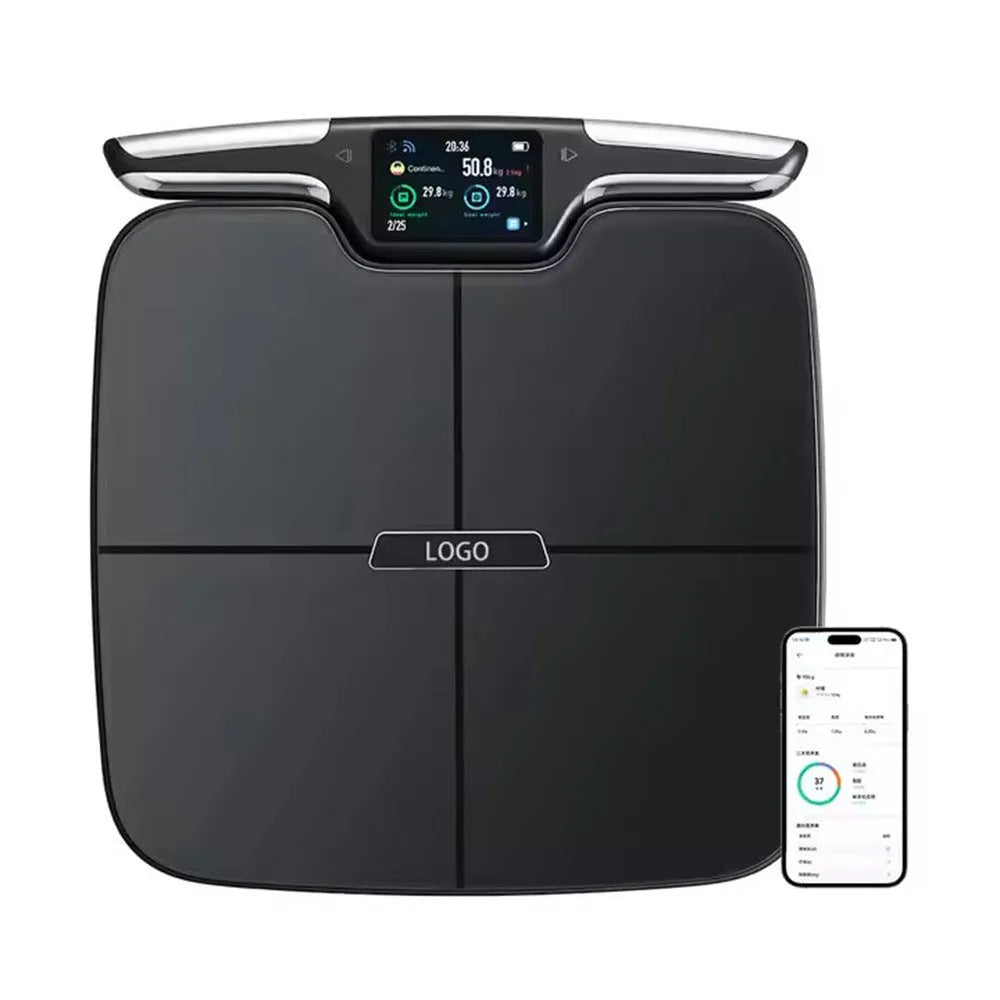 Black eight-electrode smart body composition scale on a floor