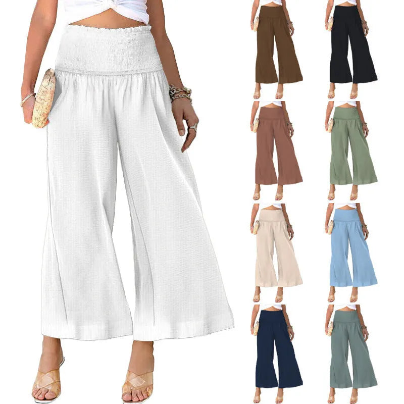 High-waist pleated casual women's trousers in cotton-linen blend, straight-leg cropped style