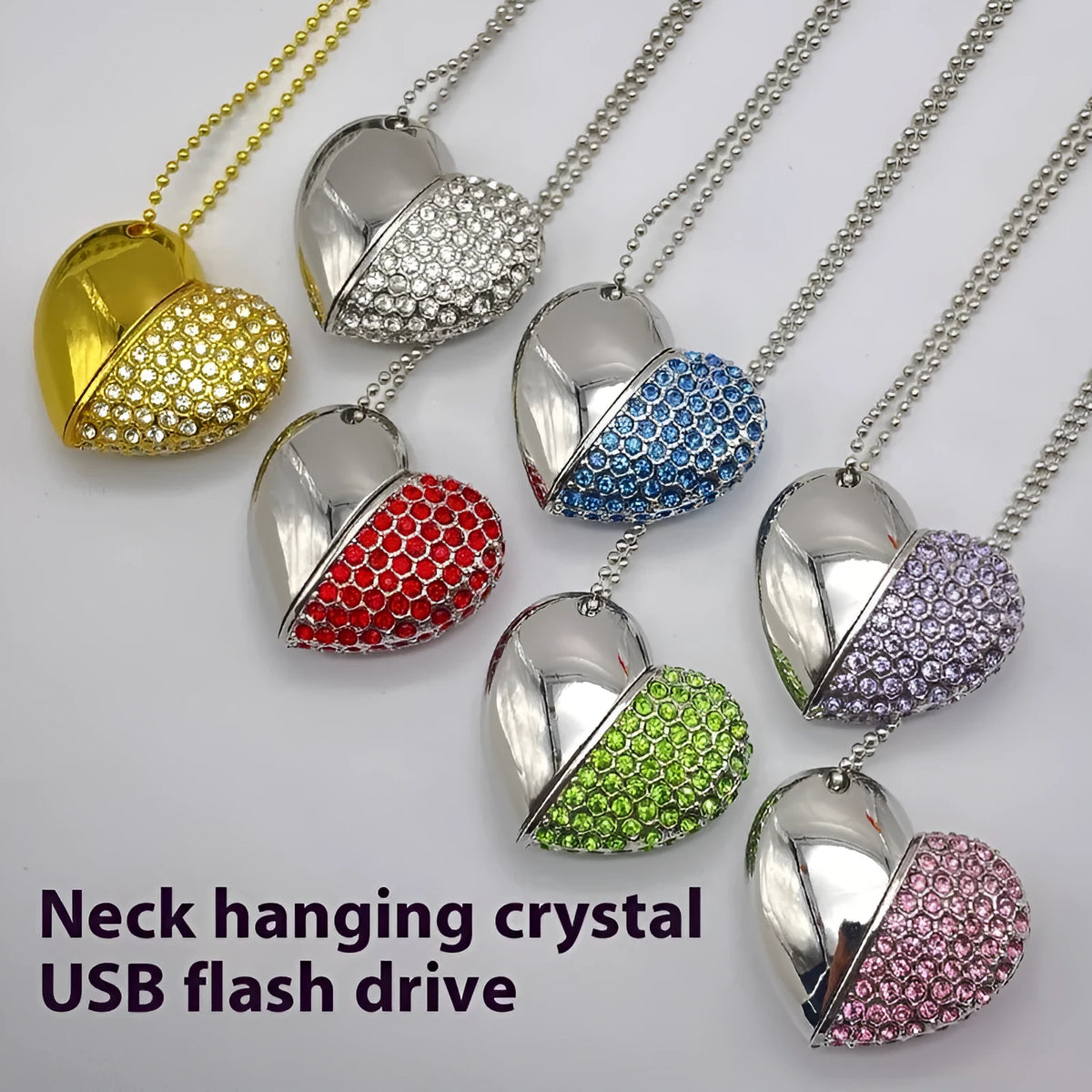 Blue brick pattern heart-shaped metal USB flash drive showing front design and USB connector