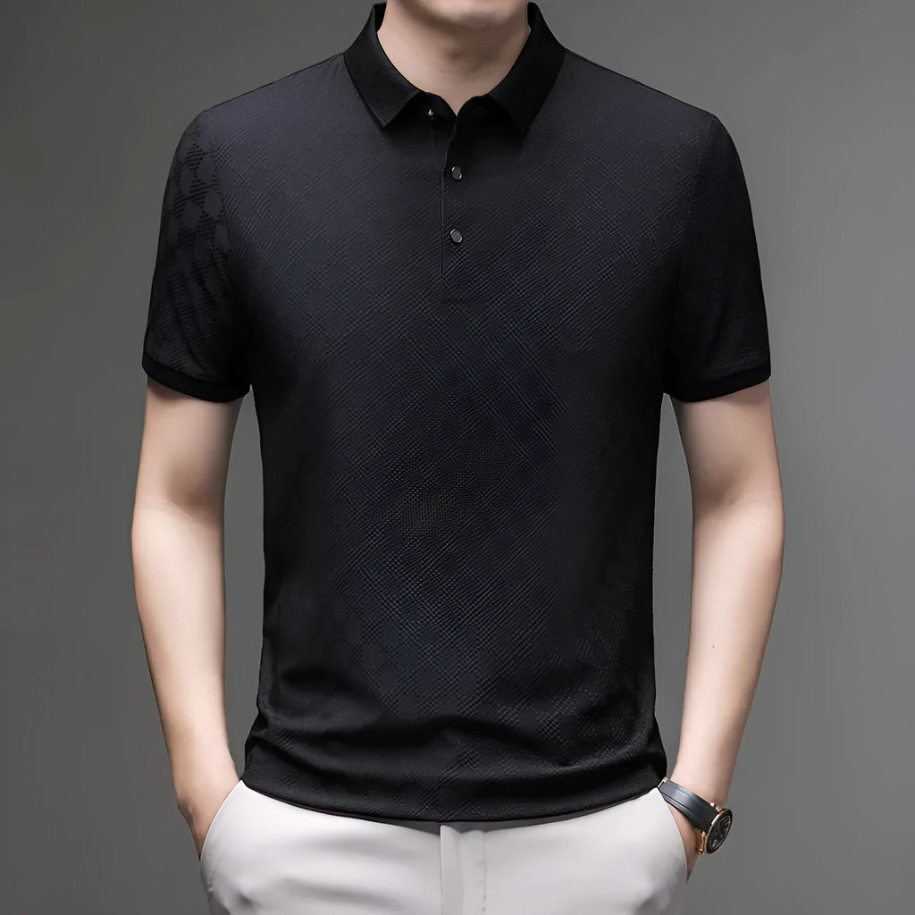 Rhombus pattern thin ice silk short sleeve T-shirt shown in black colour with a visible side slit design detail.