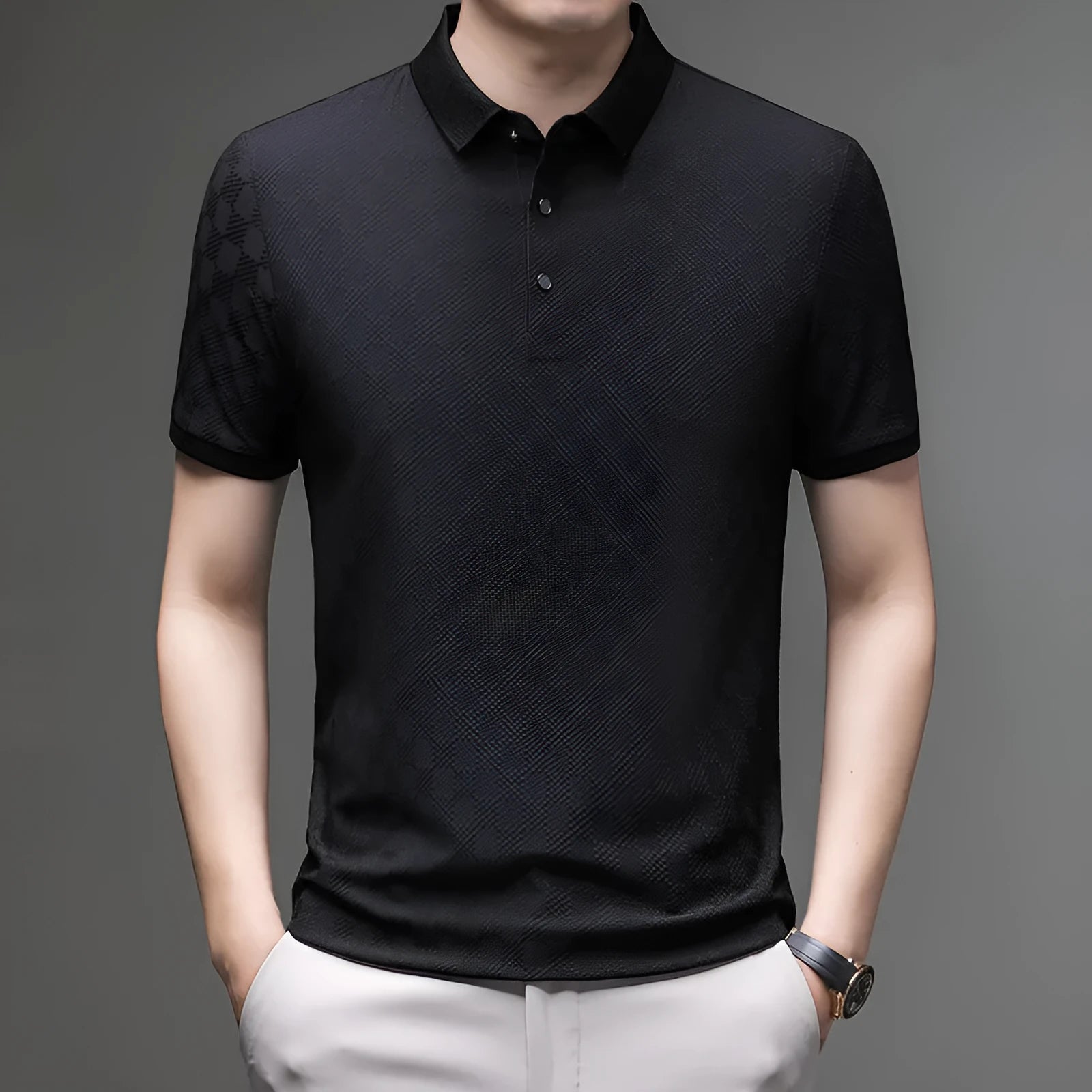Rhombus pattern thin ice silk short sleeve T-shirt shown in black colour with a visible side slit design detail.