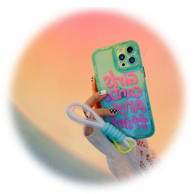 Mint green graffiti personalised iPhone case with painted animal design and attached black lanyard.
