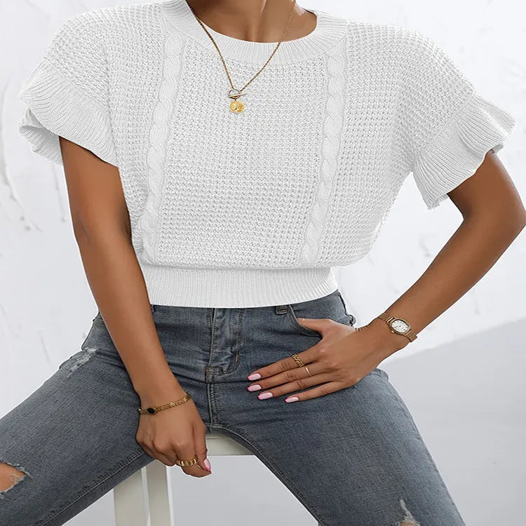 Twisted string design knitted pullover with ruffle short sleeves and round neck in loose Japanese Korean casual style