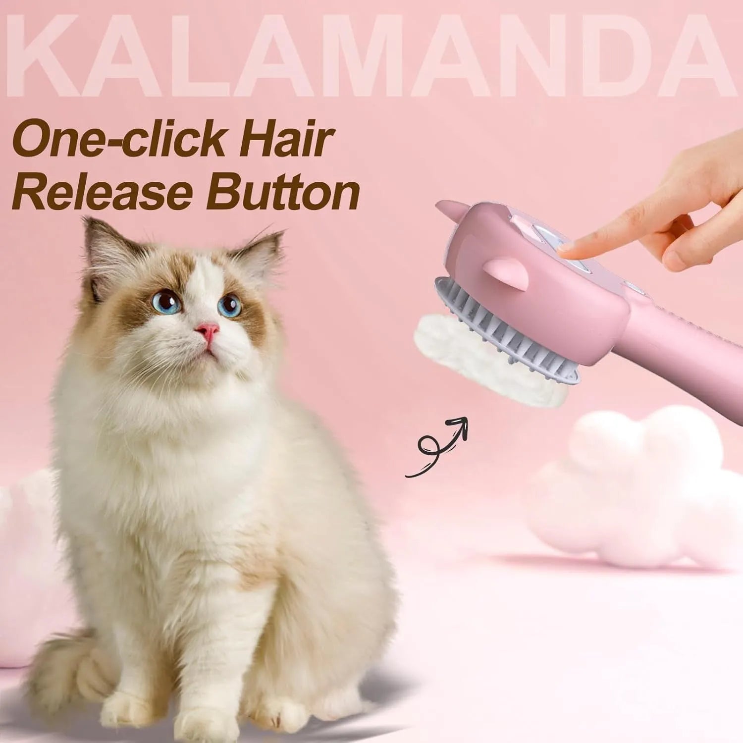 Blue pink yellow cat steam brush with ergonomic handle and release button for pet grooming