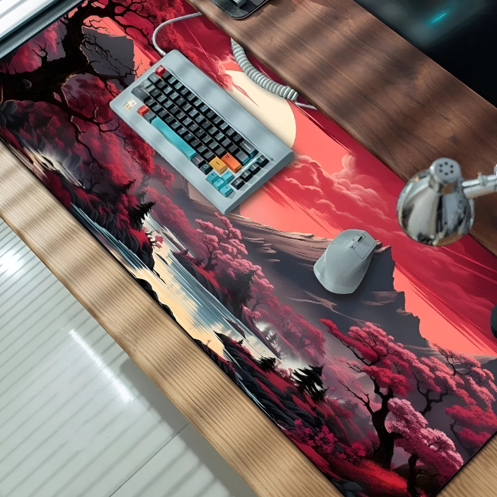 Anime design gaming mouse pad with non-slip rubber base shown on a desk