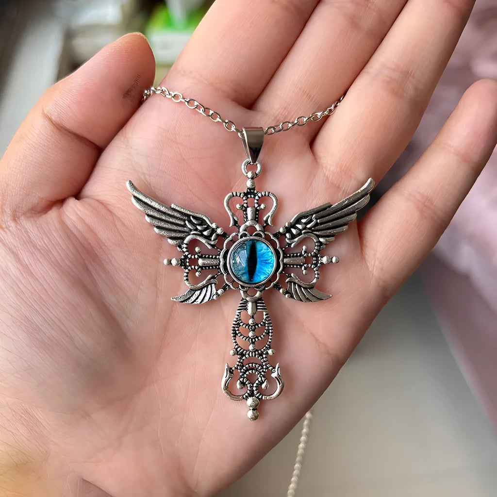 Creative geometric devil wings cross alloy pendant necklace in blue, green, purple, red, and yellow colour options.