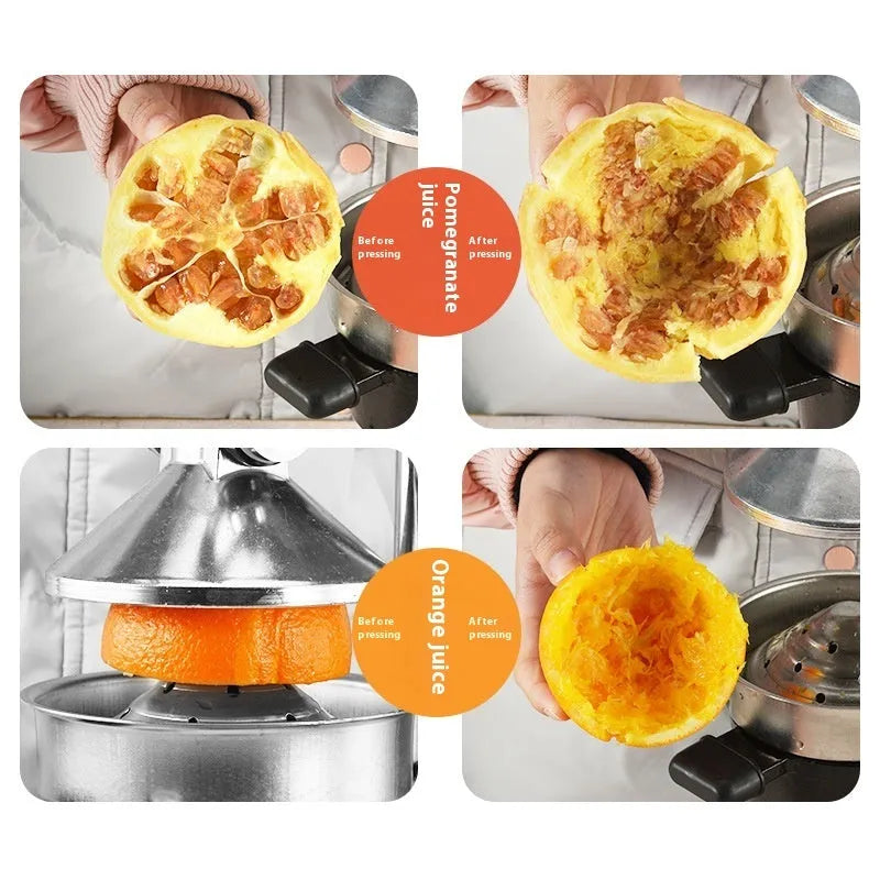 Black and white manual cast iron citrus juicer with stainless steel funnel on kitchen counter
