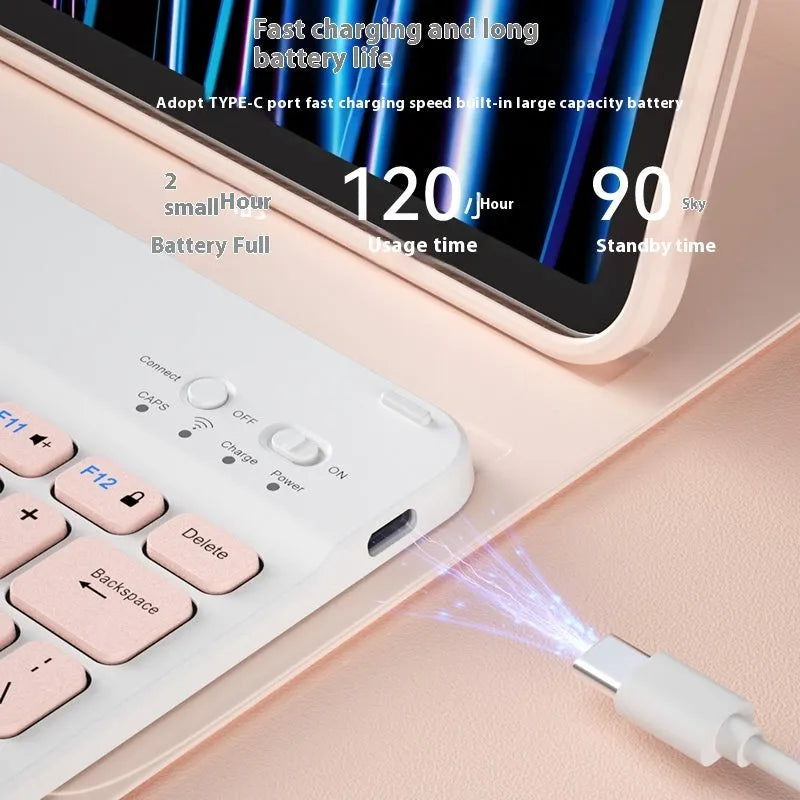 Girls Bluetooth tablet keyboard in multiple colour options including white, green, and pink on a desk