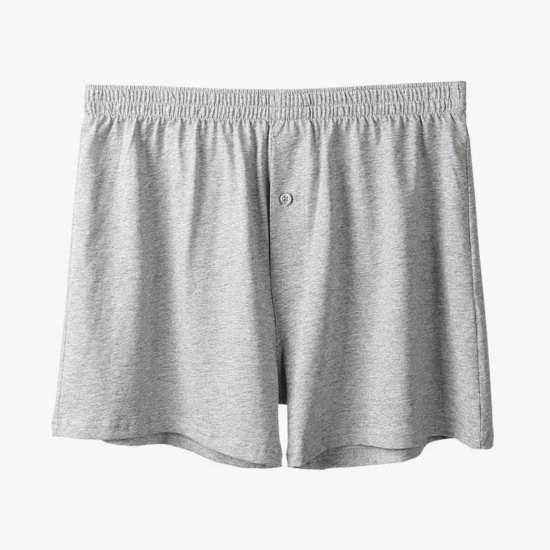 Men's pure cotton loose fit boxer shorts in solid black, light gray, and navy blue with high waist design