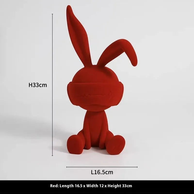 Suede blindfold rabbit resin table ornament in green, blue, or red colour options