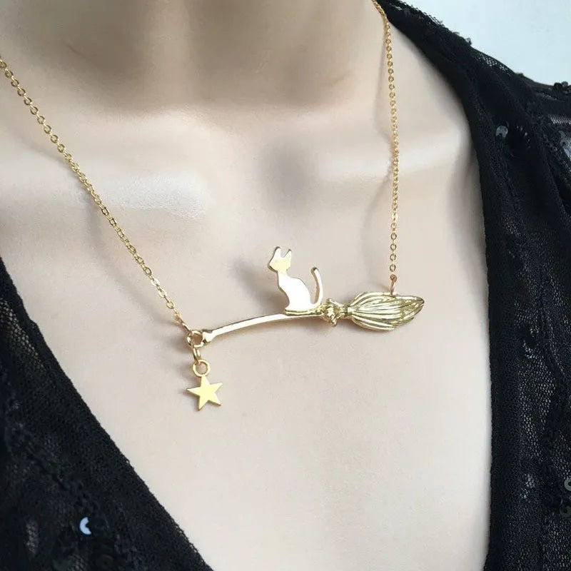Black cat pendant necklace in silver or gold tone alloy simple animal totem style