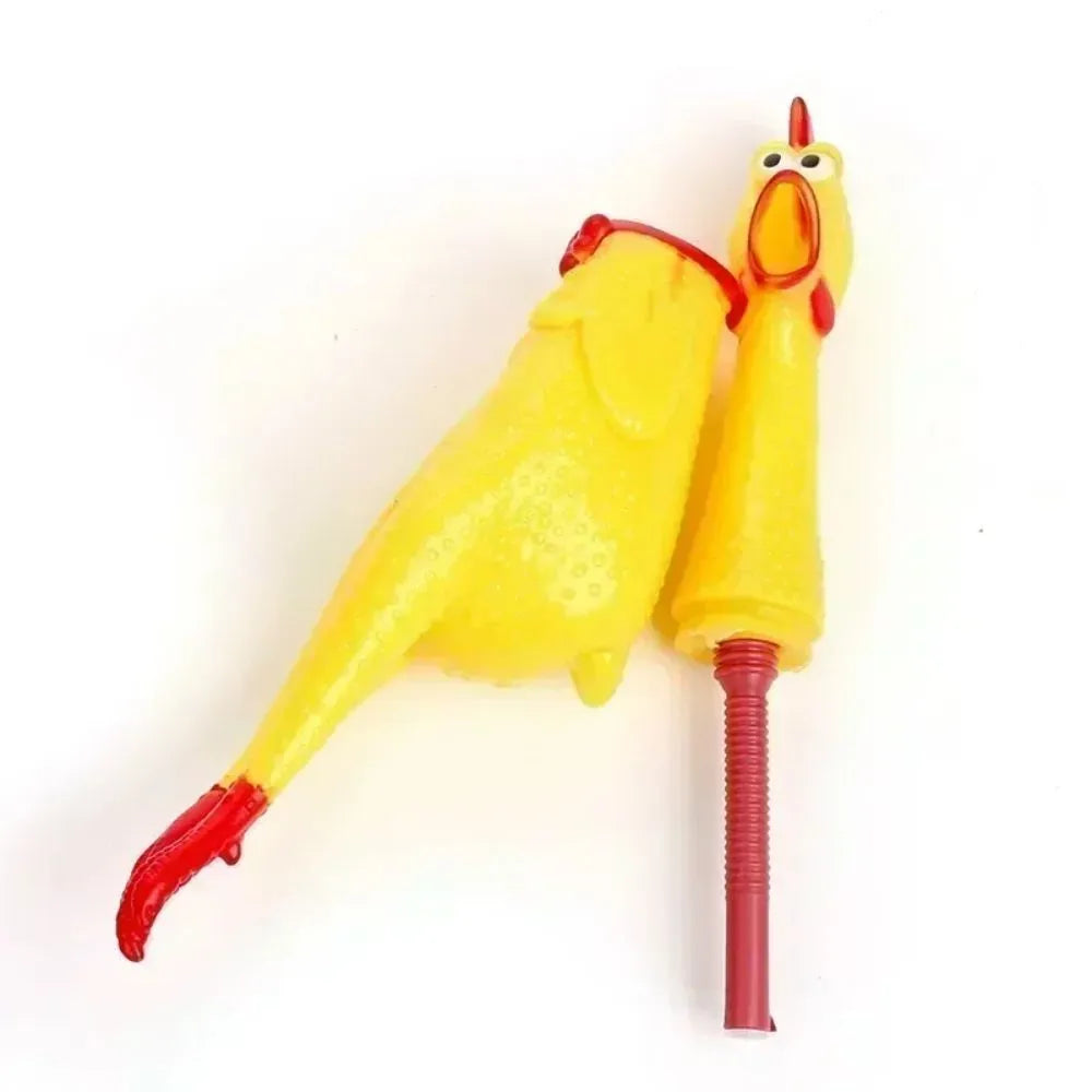Yellow rubber screaming chicken dog squeak toy shown in three different sizes