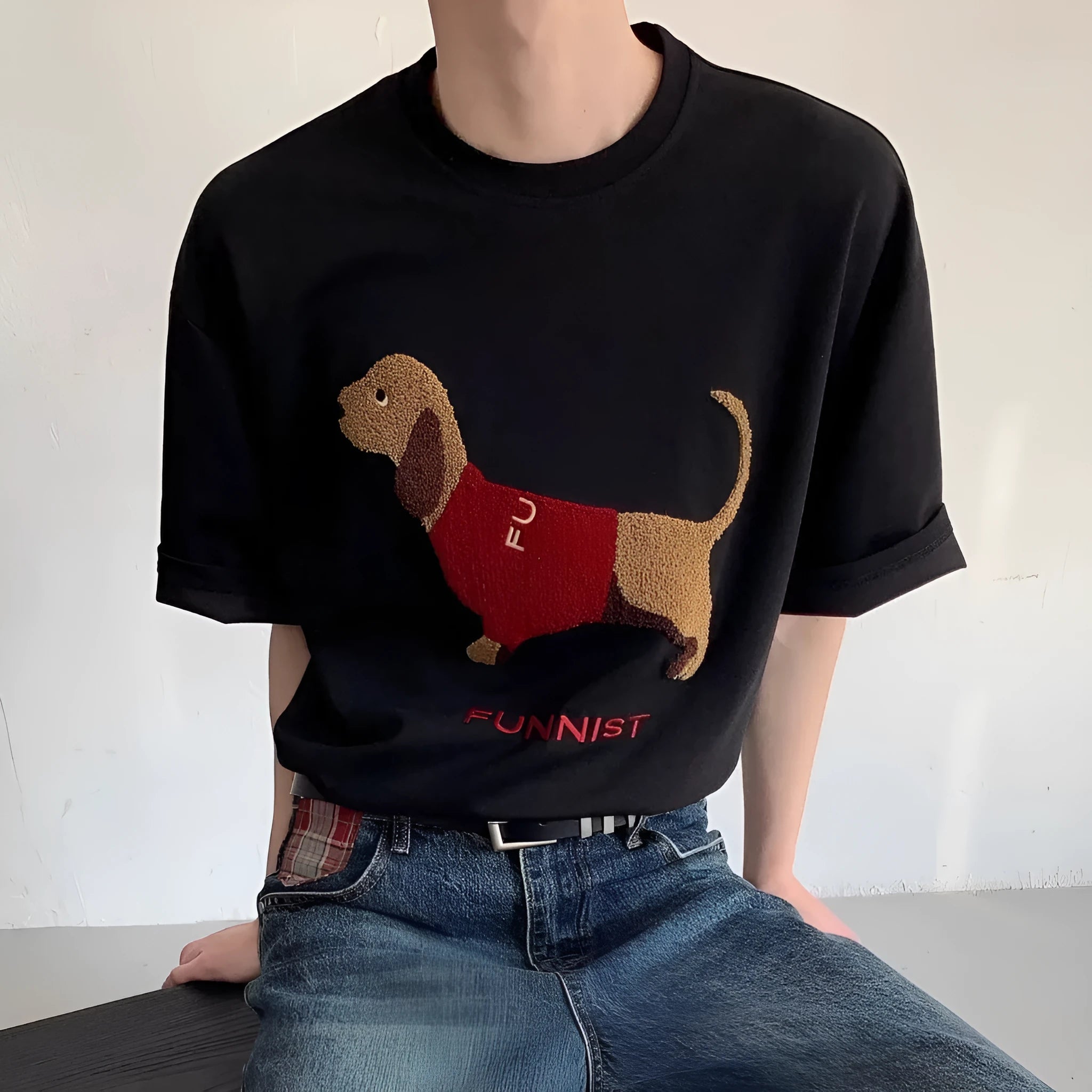Mens grey cotton T-shirt with embroidered sausage dog towel design on front.
